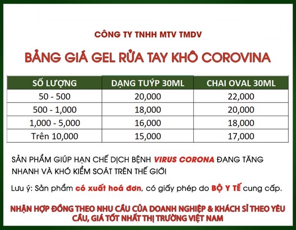 Bảng Giá Nước Rửa Tay Khô Corovina Sỉ